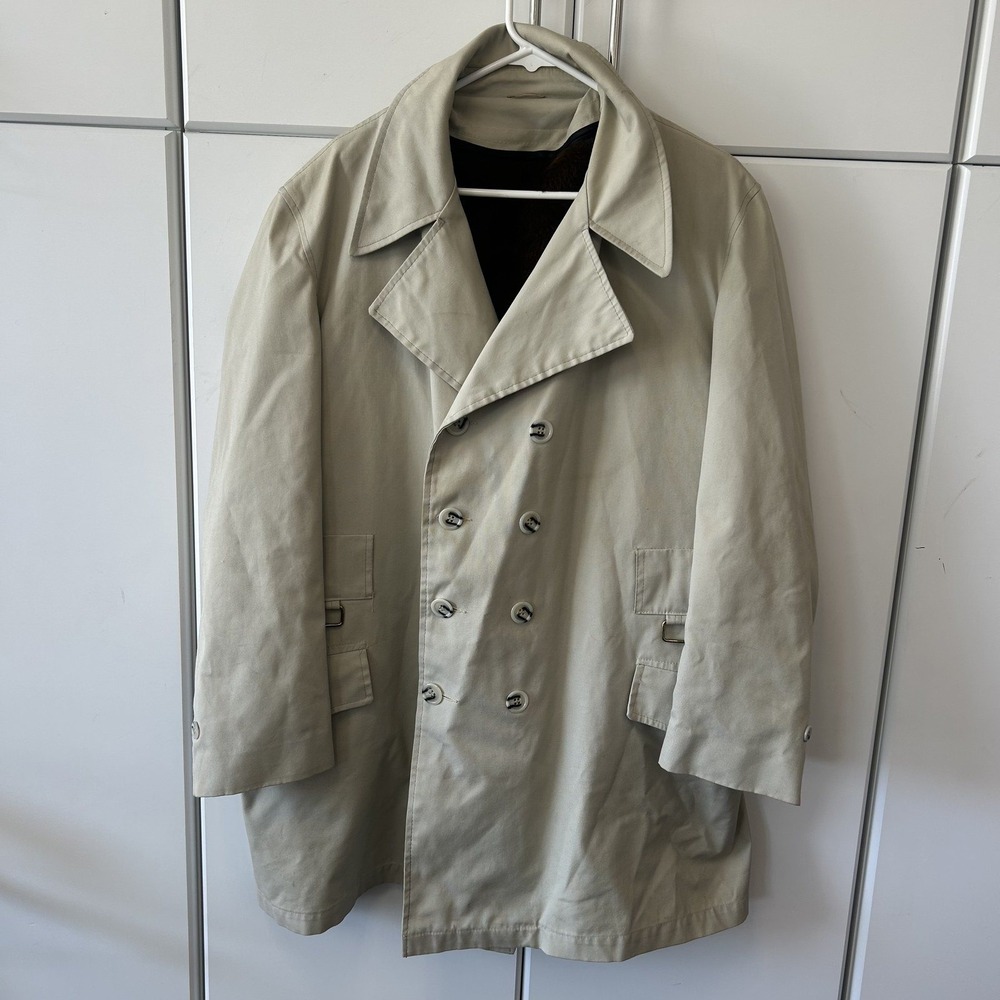Larini Mens Khaki Tan Double Breasted Overcoat Car Coat Brown Fur Lining Size 46